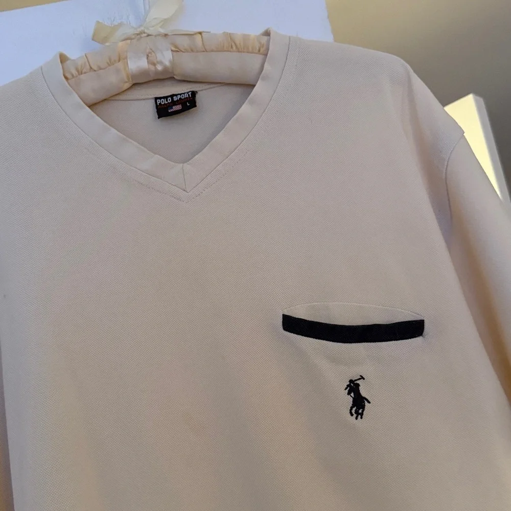 Vintage Polo by Ralph Lauren Men's Cream V-Neck Pocket T-Shirt Large